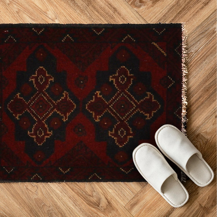 Red Afghan Oriental Doormat 1' 5" x 1' 9" Hand-Knotted | No. AL45814