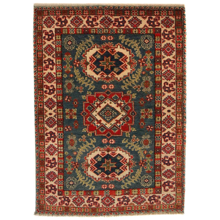 Blue Afghan Kazak Rug 3' 4" x 4' 9" Hand-Knotted | No. AL45869
