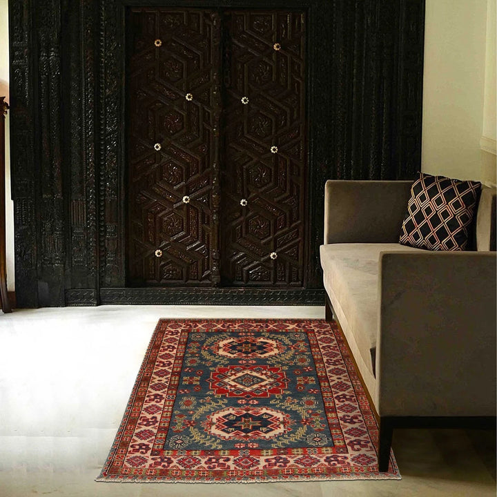 Blue Afghan Kazak Rug 3' 4" x 4' 9" Hand-Knotted | No. AL45869