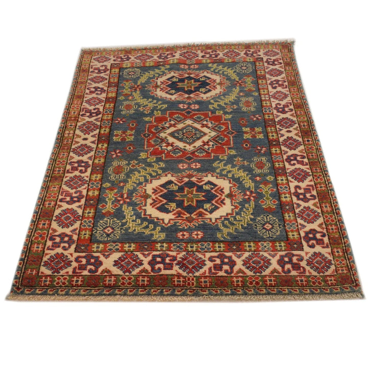 Blue Afghan Kazak Rug 3' 4" x 4' 9" Hand-Knotted | No. AL45869