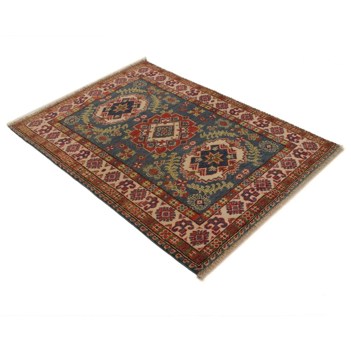 Blue Afghan Kazak Rug 3' 4" x 4' 9" Hand-Knotted | No. AL45869