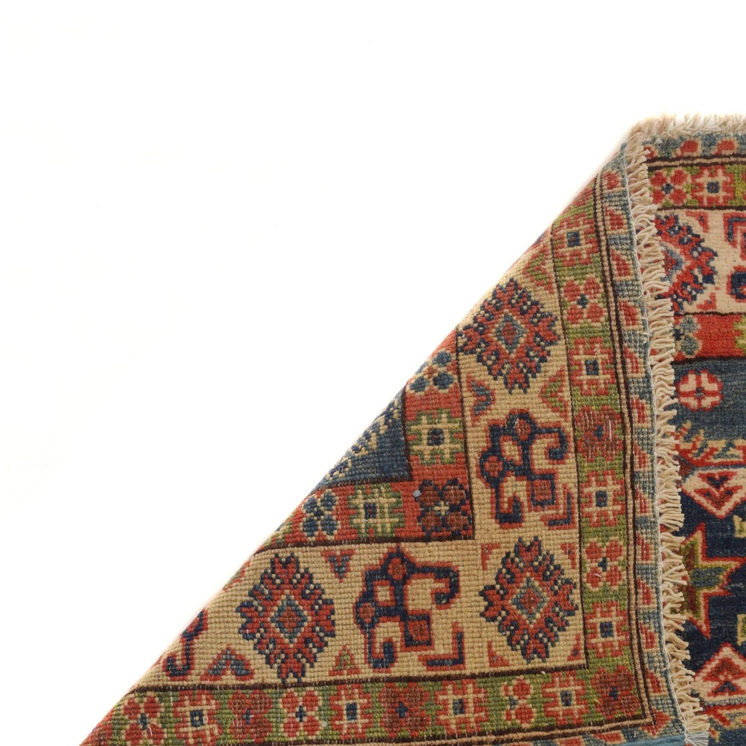 Blue Afghan Kazak Rug 3' 4" x 4' 9" Hand-Knotted | No. AL45869