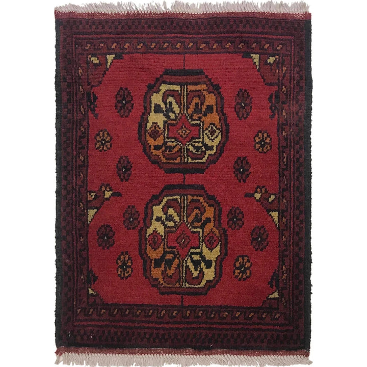 Red Afghan Oriental Doormat 1' 6" x 2' 0" Hand-Knotted | No. AL45918