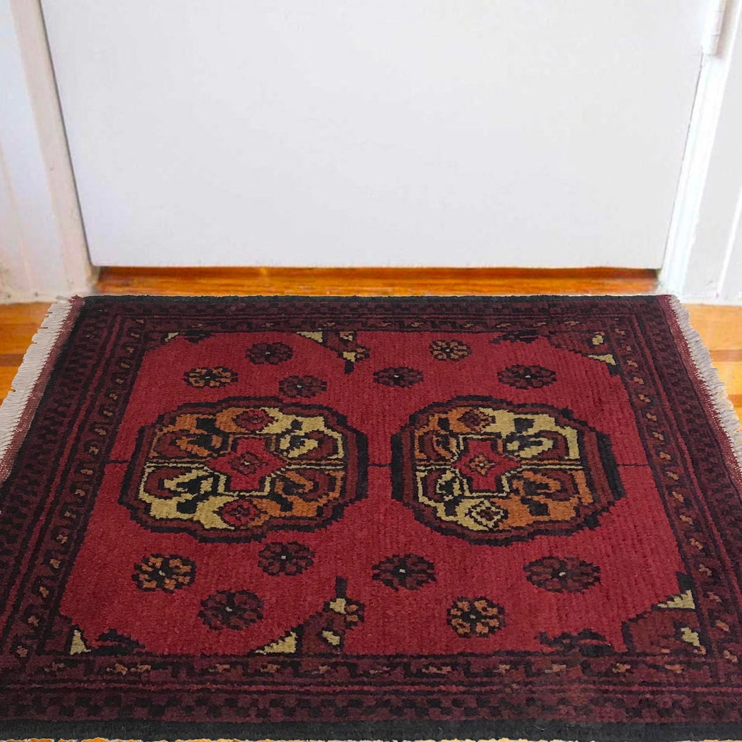 Red Afghan Oriental Doormat 1' 6" x 2' 0" Hand-Knotted | No. AL45918
