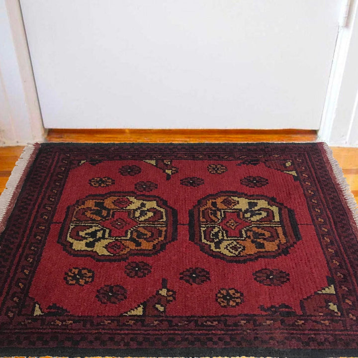Red Afghan Oriental Doormat 1' 6" x 2' 0" Hand-Knotted | No. AL45918