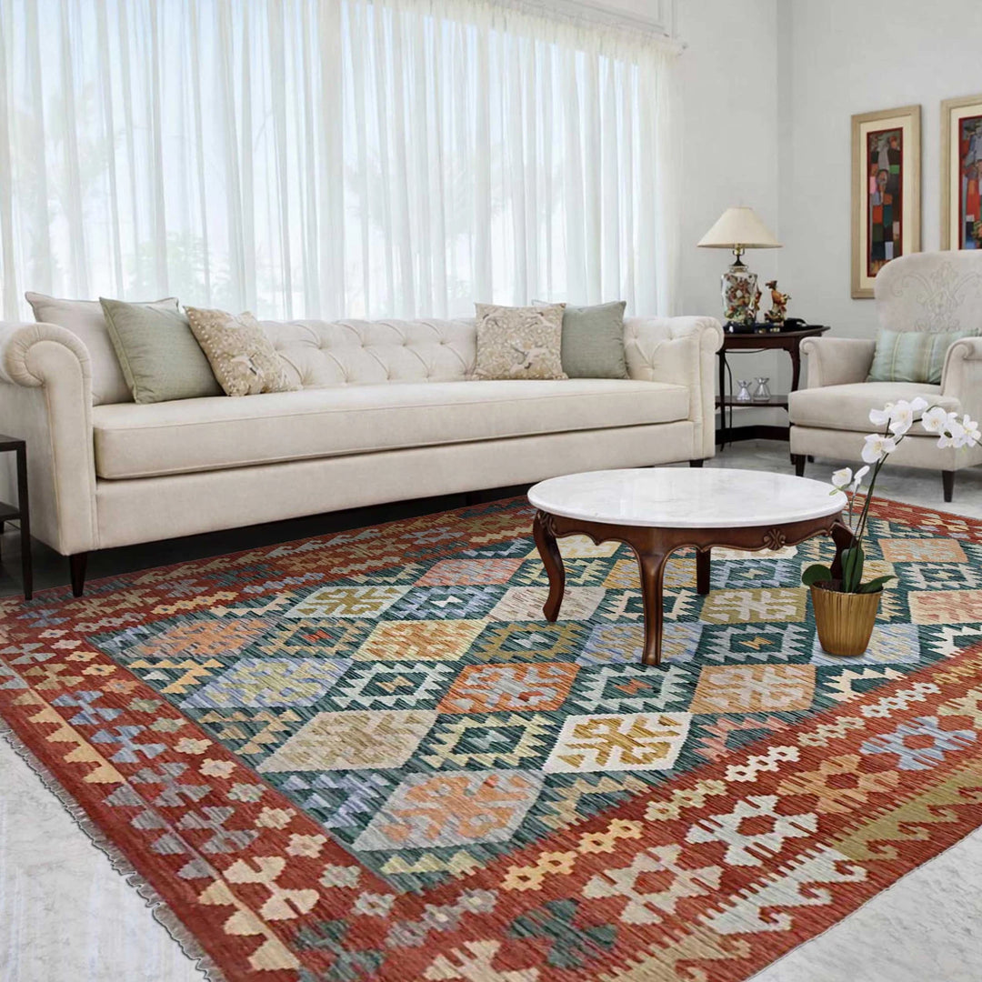 Afghan Kilim Rug 6' 8" x 9' 6" Flat-Weave | No. AL46122