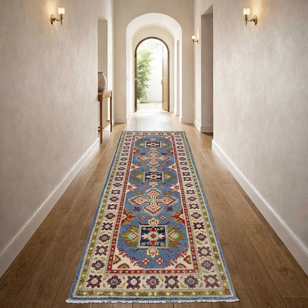 Blue Afghan Kazak Rug 2' 0" x 6' 0" Hand-Knotted | No. AL46124