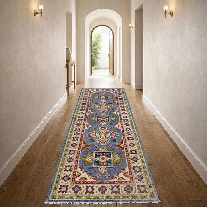 Blue Afghan Kazak Rug 2' 0" x 6' 0" Hand-Knotted | No. AL46124