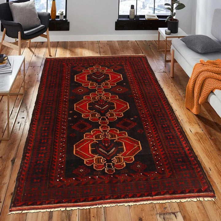 Red Afghan Baluchi Rug 3' 10" x 6' 4" Hand-Knotted | No. AL46160