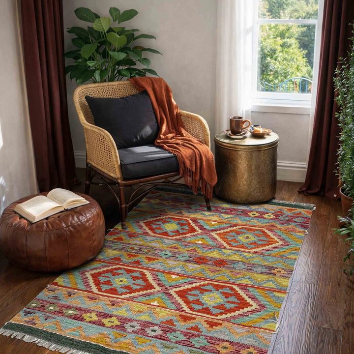 Multicolor Afghan Vegetable Kilim Rug 3' 3" x 4' 11" Flat-Weave | No. AL46379