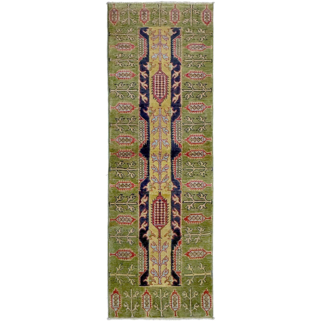 Green Afghan Kazak Rug 1'11" x 6'3" Hand-Knotted | No. AL46485