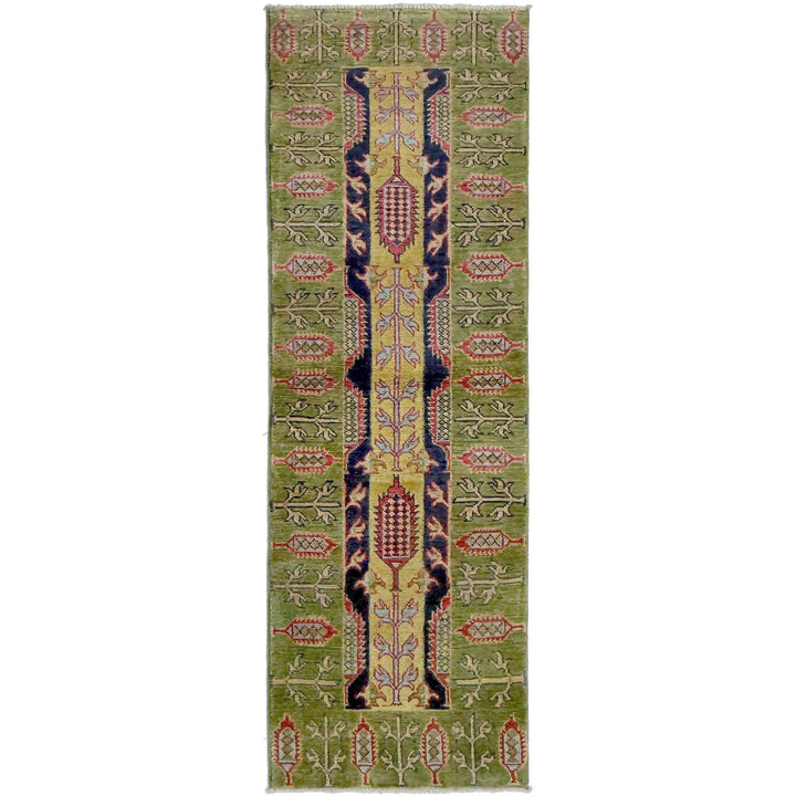 Green Afghan Kazak Rug 1'11" x 6'3" Hand-Knotted | No. AL46485