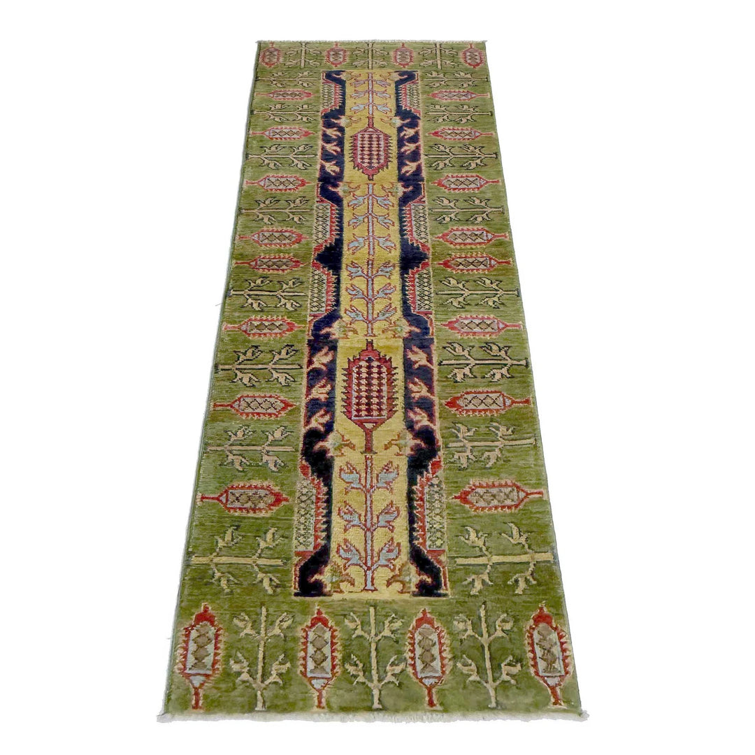 Green Afghan Kazak Rug 1'11" x 6'3" Hand-Knotted | No. AL46485