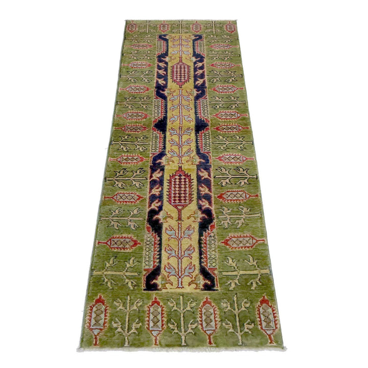 Green Afghan Kazak Rug 1'11" x 6'3" Hand-Knotted | No. AL46485