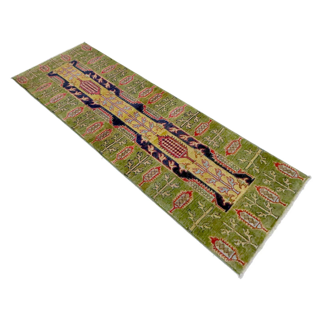 Green Afghan Kazak Rug 1'11" x 6'3" Hand-Knotted | No. AL46485