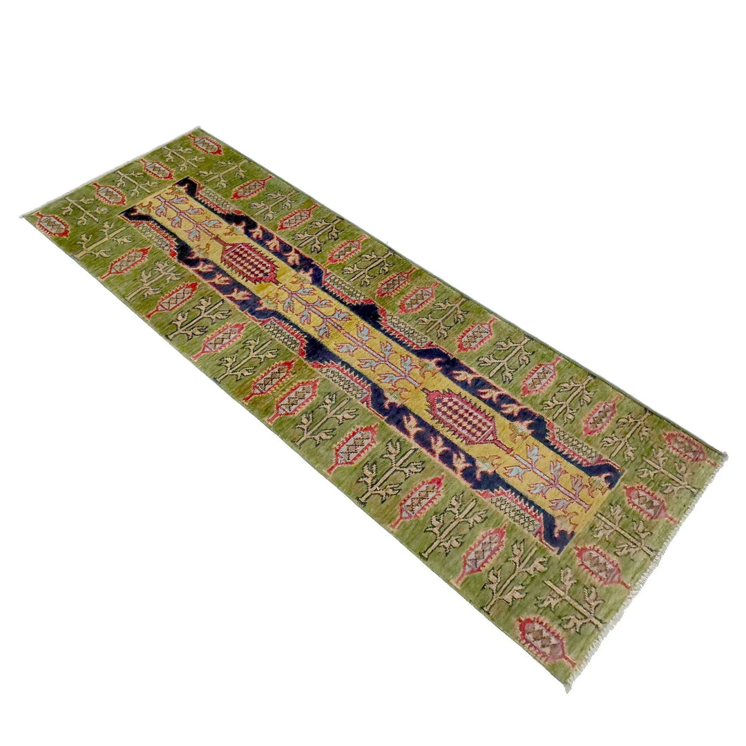 Green Afghan Kazak Rug 1'11" x 6'3" Hand-Knotted | No. AL46485