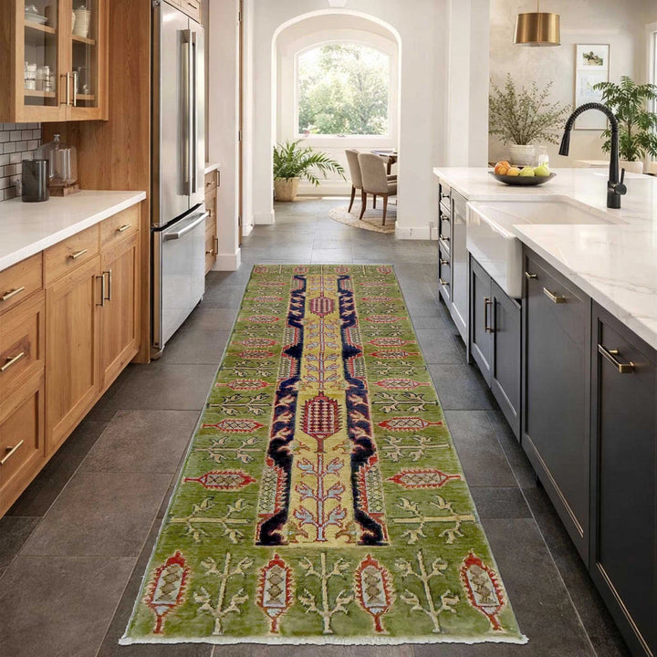 Green Afghan Kazak Rug 1'11" x 6'3" Hand-Knotted | No. AL46485