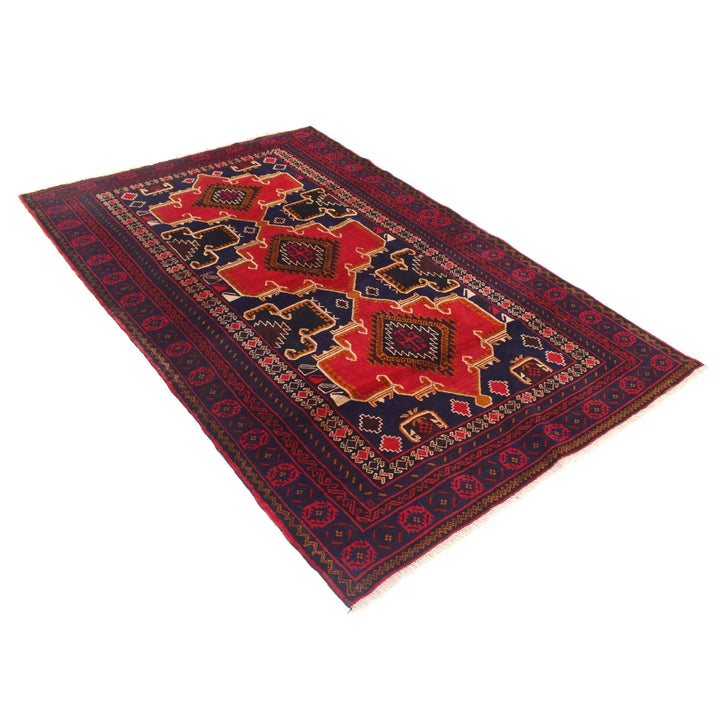 Red Afghan Baluchi Rug 4' 5" x 7' 2" Hand-Knotted | No. AL46521