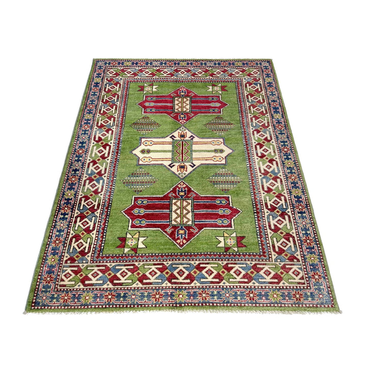 Green Afghan Kazak Rug 3' 11" x 5' 11" Hand-Knotted | No. AL46698