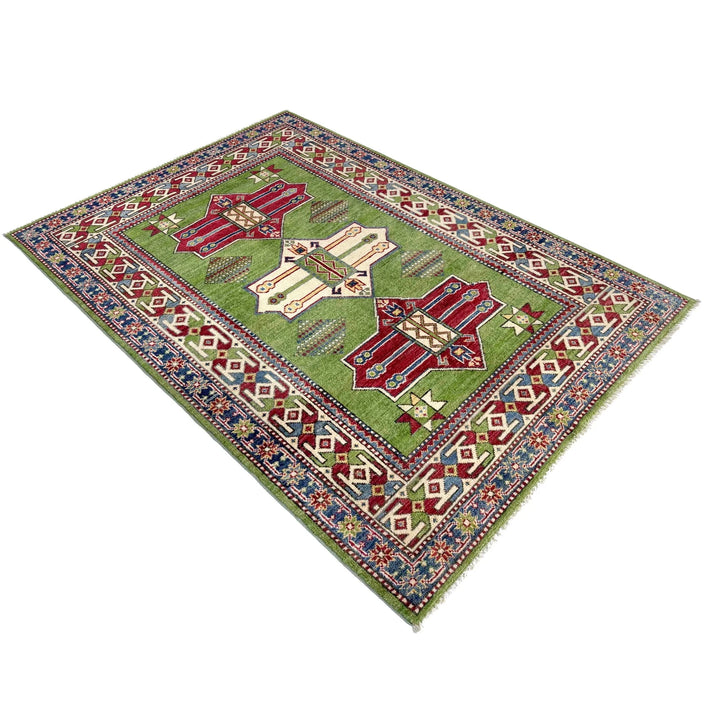 Green Afghan Kazak Rug 3' 11" x 5' 11" Hand-Knotted | No. AL46698