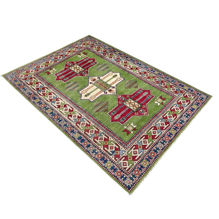 Green Afghan Kazak Rug 3' 11" x 5' 11" Hand-Knotted | No. AL46698