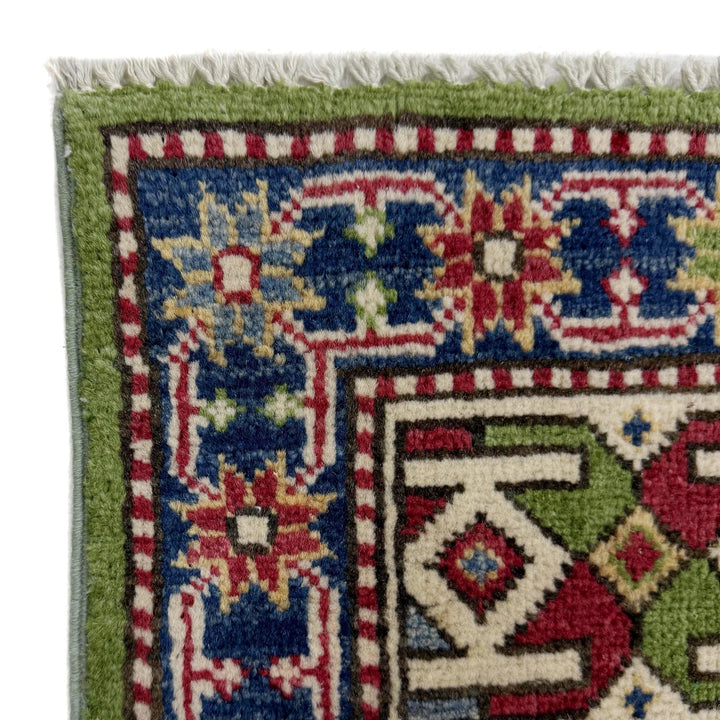 Green Afghan Kazak Rug 3' 11" x 5' 11" Hand-Knotted | No. AL46698
