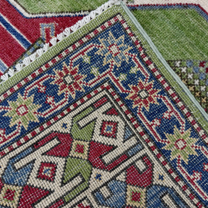 Green Afghan Kazak Rug 3' 11" x 5' 11" Hand-Knotted | No. AL46698