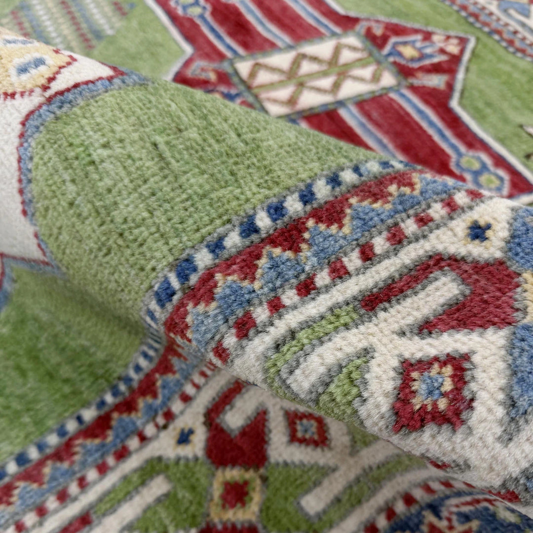Green Afghan Kazak Rug 3' 11" x 5' 11" Hand-Knotted | No. AL46698