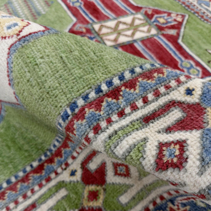Green Afghan Kazak Rug 3' 11" x 5' 11" Hand-Knotted | No. AL46698