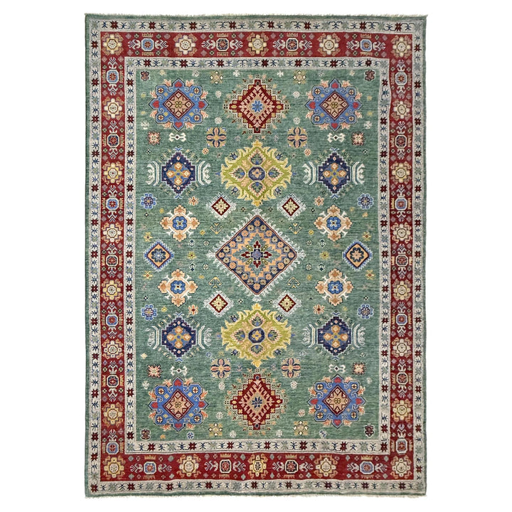 Green Afghan Kazak Rug 6' 9" x 10' 0" Hand-Knotted | No. AL46764