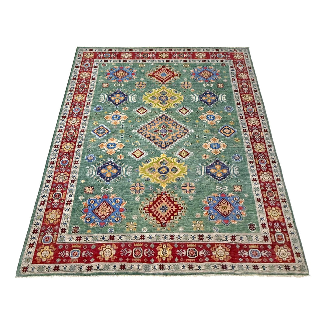 Green Afghan Kazak Rug 6' 9" x 10' 0" Hand-Knotted | No. AL46764