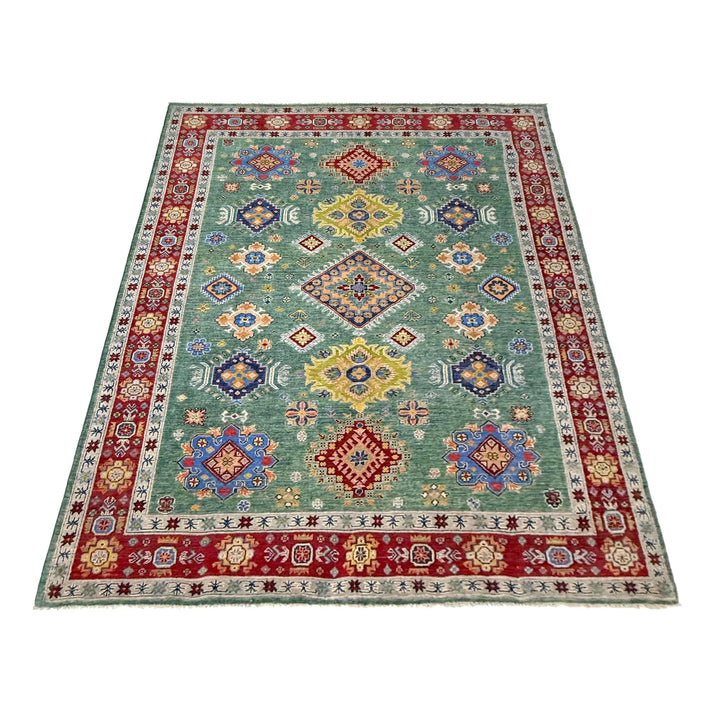 Green Afghan Kazak Rug 6' 9" x 10' 0" Hand-Knotted | No. AL46764