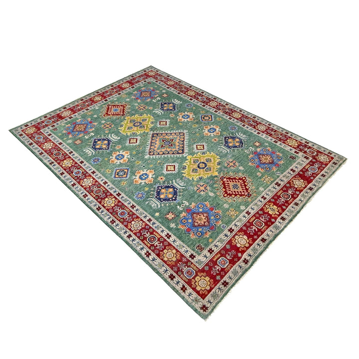 Green Afghan Kazak Rug 6' 9" x 10' 0" Hand-Knotted | No. AL46764