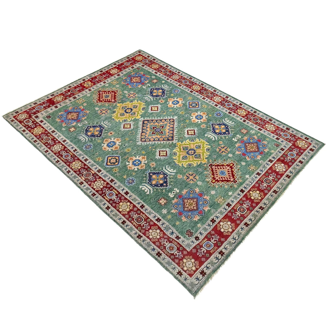Green Afghan Kazak Rug 6' 9" x 10' 0" Hand-Knotted | No. AL46764