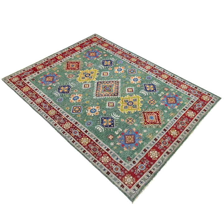 Green Afghan Kazak Rug 6' 9" x 10' 0" Hand-Knotted | No. AL46764