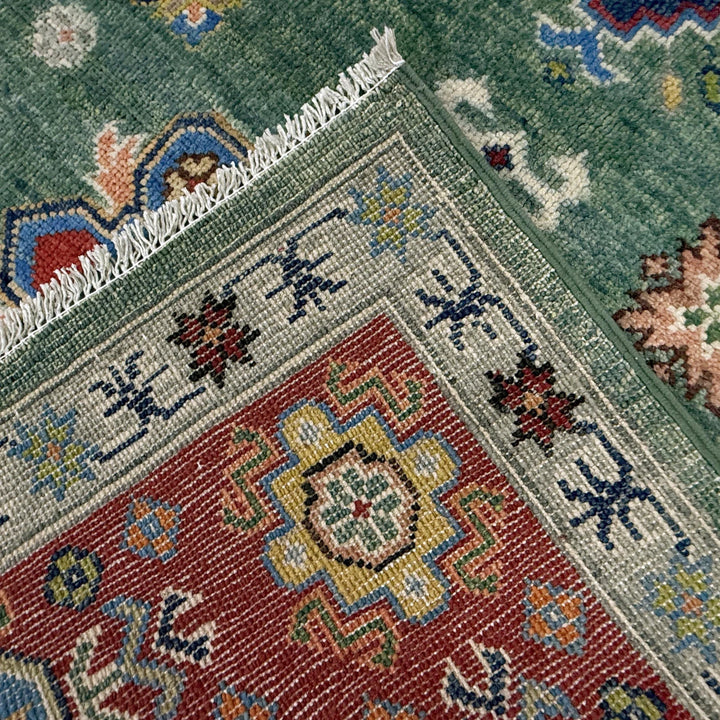 Green Afghan Kazak Rug 6' 9" x 10' 0" Hand-Knotted | No. AL46764