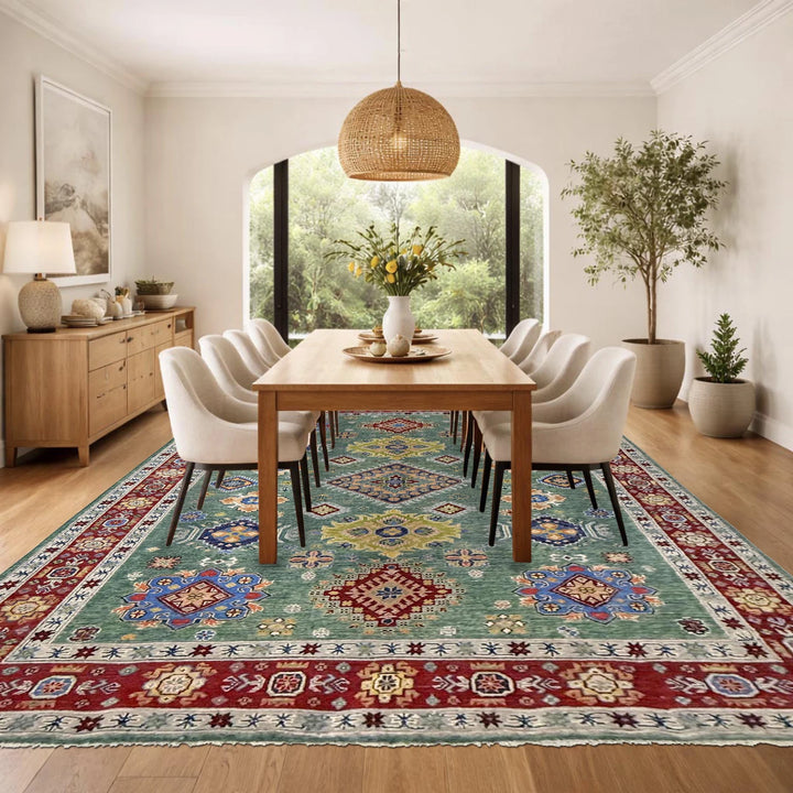 Green Afghan Kazak Rug 6' 9" x 10' 0" Hand-Knotted | No. AL46764
