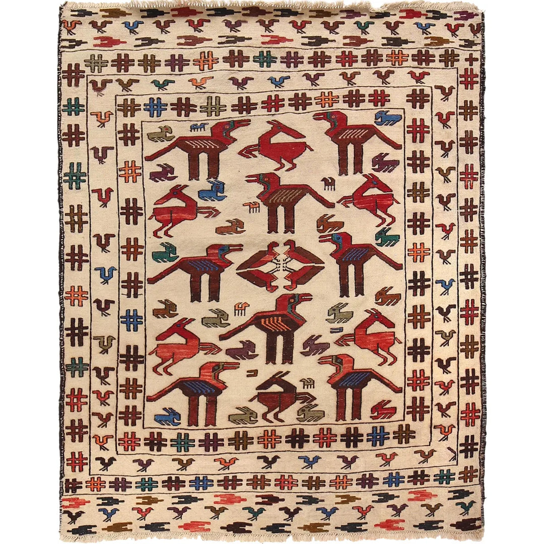 White Afghan Soumak Rug 4' 5" x 5' 4" Flat-Weave | No. AL46797