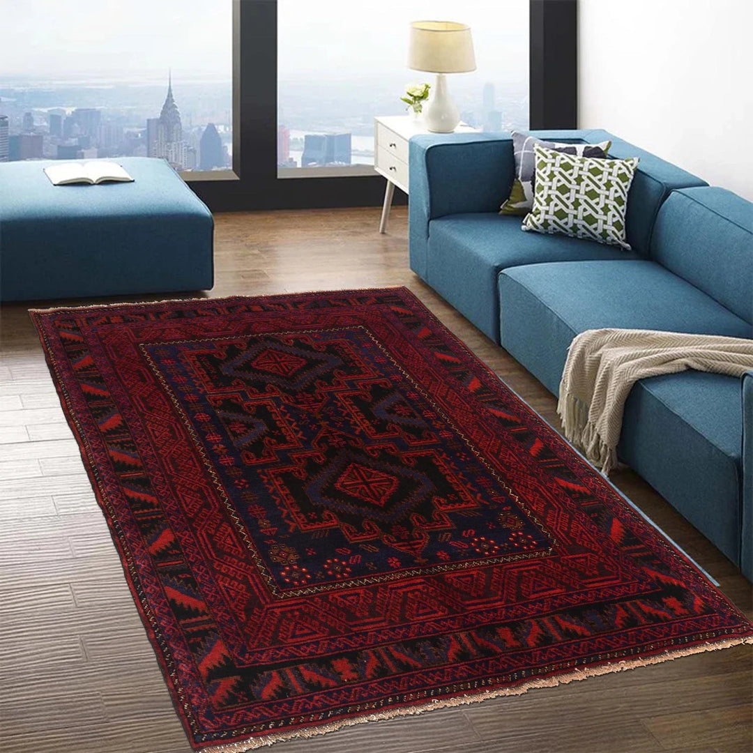 Red Afghan Baluchi Rug 4' 4" x 6' 0" Hand-Knotted | No. AL46806