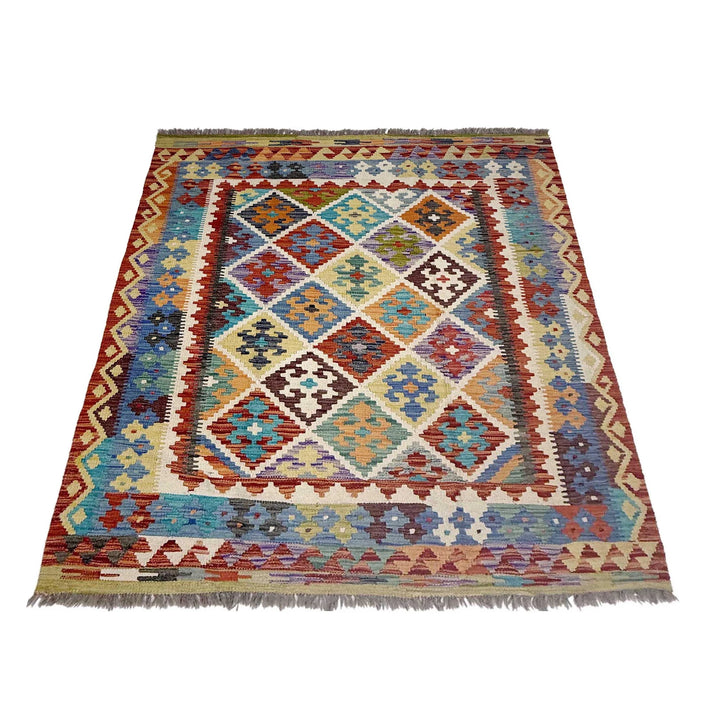 Afghan Vegetable Kilim Rug 5'2" x 6'3" Flat-Weave | No. AL468643