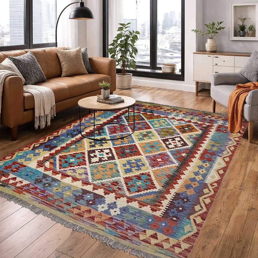 Afghan Vegetable Kilim Rug 5'2" x 6'3" Flat-Weave | No. AL468643