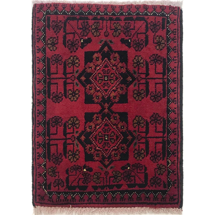Red Afghan Oriental Doormat 1' 3" x 1' 8" Hand-Knotted | No. AL46991