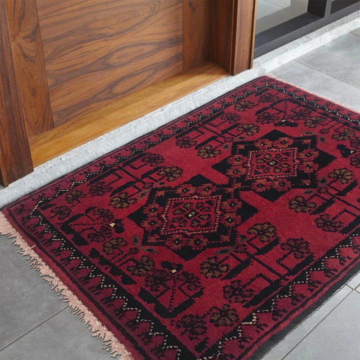 Red Afghan Oriental Doormat 1' 3" x 1' 8" Hand-Knotted | No. AL46991