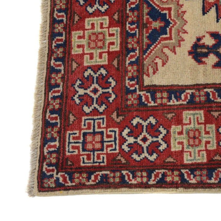 Ivory Afghan Kazak Rug 3' 5" x 4' 10" Hand-Knotted | No. AL47207