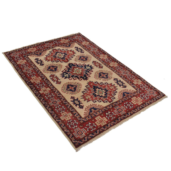 Ivory Afghan Kazak Rug 3' 5" x 4' 10" Hand-Knotted | No. AL47207