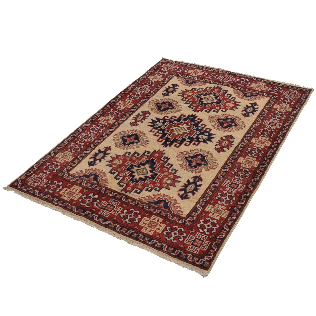 Ivory Afghan Kazak Rug 3' 5" x 4' 10" Hand-Knotted | No. AL47207