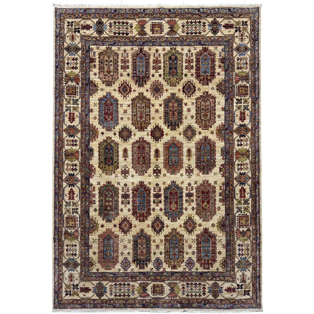Beige Afghan Waziri Rug 6' 8" x 9' 5" Hand-Knotted | No. AL47215