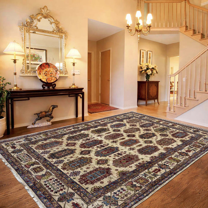 Beige Afghan Waziri Rug 6' 8" x 9' 5" Hand-Knotted | No. AL47215