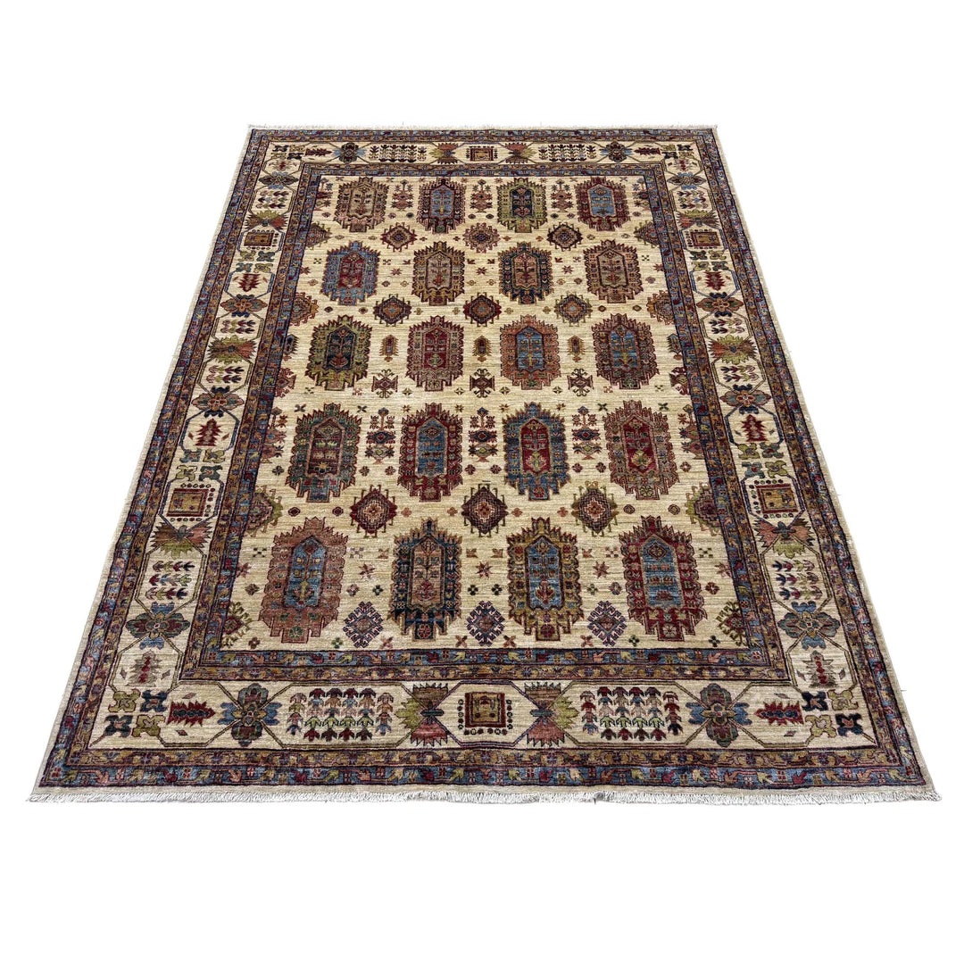 Beige Afghan Waziri Rug 6' 8" x 9' 5" Hand-Knotted | No. AL47215
