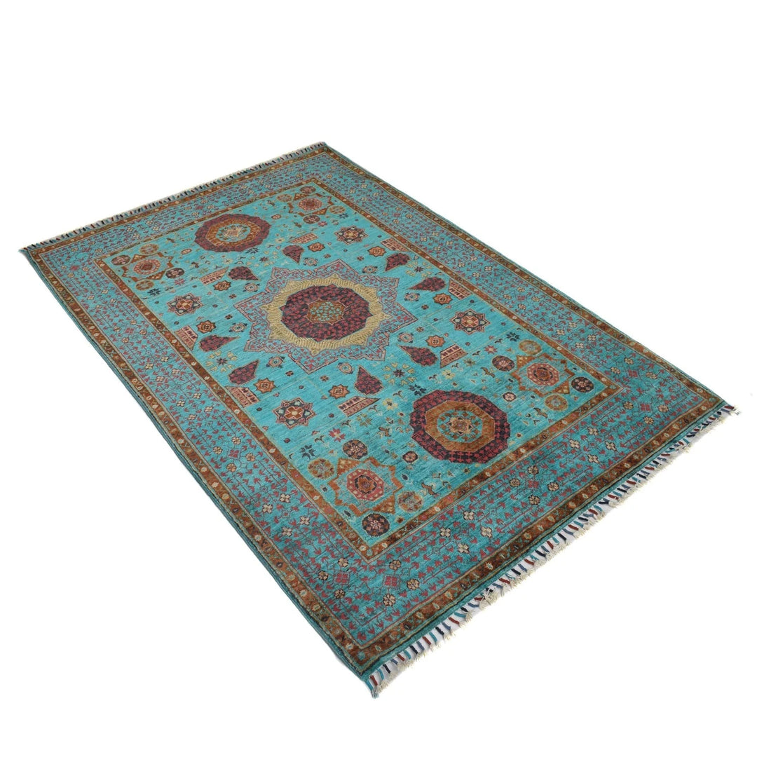 Green Afghan Mamluk Rug 4' 1" x 5' 10" Hand-Knotted | No. AL47423